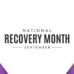 Graphic design with purple awareness ribbons and the words 'National Recovery Month September' in bold text on a white background.