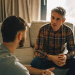 Two men sitting on a couch having a serious conversation, suggesting an open discussion about boundaries or personal challenges.