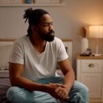 A man sits on the edge of a bed in a softly lit bedroom, looking thoughtful and serious.
