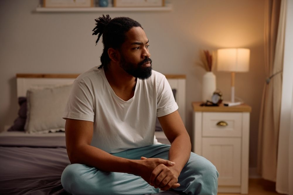 A man sits on the edge of a bed in a softly lit bedroom, looking thoughtful and serious.